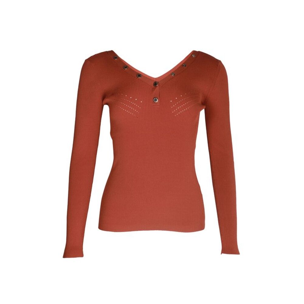 Sandro Justy Ribbed Long Sleeve V-Neck Sweater in Red Viscose